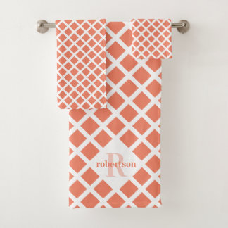 Modern Diamond Pattern Orange Monogram Bath Towel Set