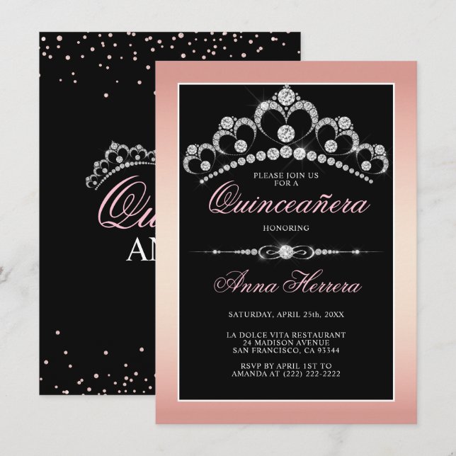 Modern Diamond Tiara Black Pink QUINCEAÑERA Invitation (Front/Back)