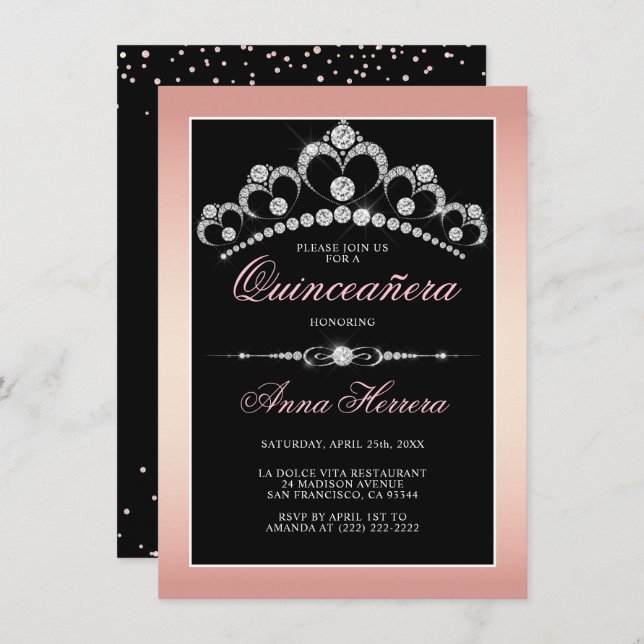 Modern Diamond Tiara Black Pink QUINCEAÑERA Invitation (Front/Back)