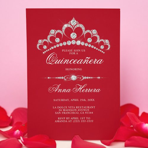 Modern Diamond Tiara Black RED QUINCEAERA Invitation