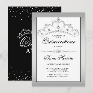 Modern Diamond Tiara Black White QUINCEAÑERA Invitation