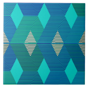 Modern Diamond Warp Print, Turquoise and Blue Ceramic Tile