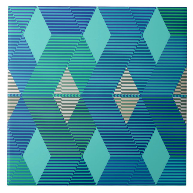 Modern Diamond Warp Print, Turquoise and Blue Ceramic Tile (Front)