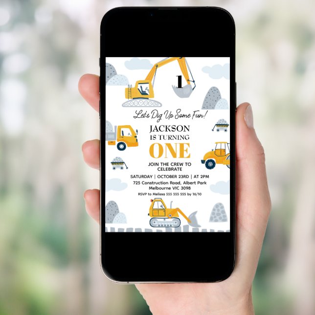 Modern Dig Up Some Fun Construction 1st Birthday Invitation (Front Digital)