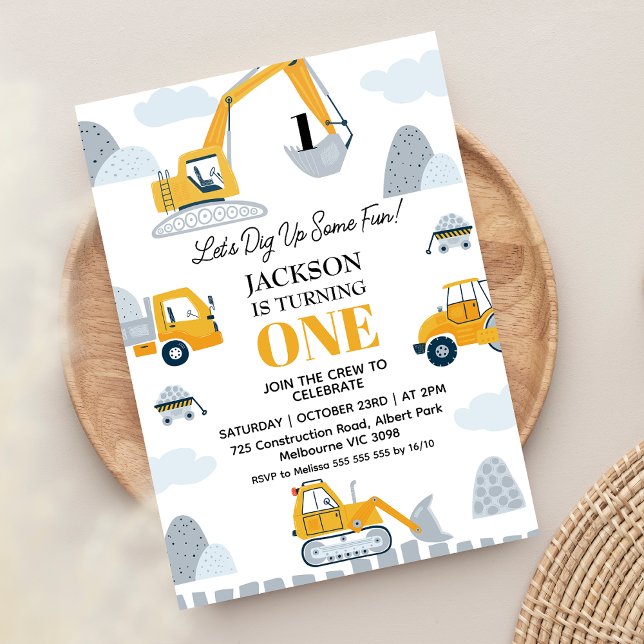 Modern Dig Up Some Fun Construction 1st Birthday Invitation (Construction 1st Birthday Invitation Boy, Let's Dig Up Some Fun, Excavators Construction Party)