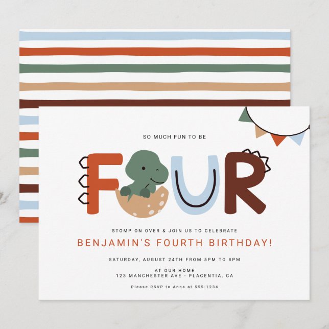 Modern Dinosaur 4th Birthday Party  Invitation (Front/Back)