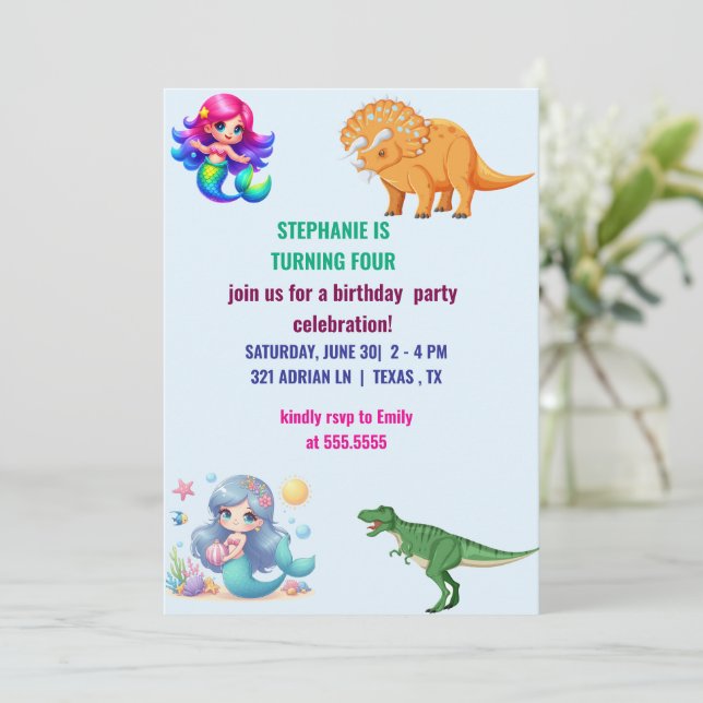 Modern Dinosaur mermaid Birthday Party Invitation (Standing Front)