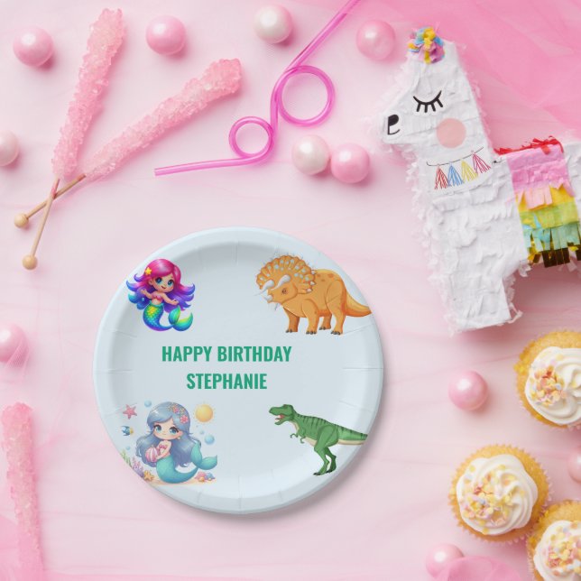 Modern Dinosaur mermaid Birthday Party Paper Plates (Party)