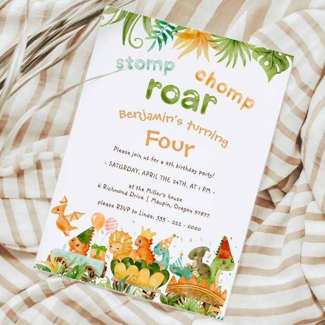 Modern Dinosaur Stomp Chomp Roar 4th Birthday Invitation (Creator Uploaded)