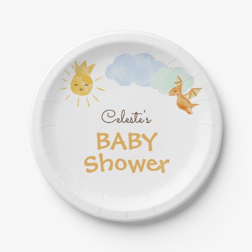 Modern Dinosaur White Baby Shower Paper Plates