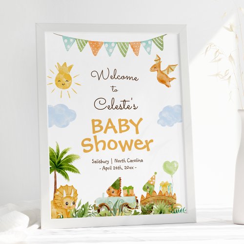 Modern Dinosaur White Baby Shower Welcome Poster