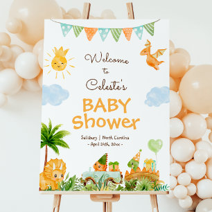 Modern Dinosaur White Baby Shower Welcome Sign
