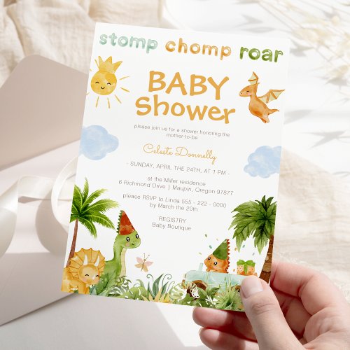 Modern Dinosaur White Gender Neutral Baby Shower Invitation