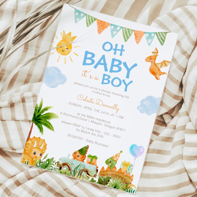 Modern Dinosaur White Oh Baby Boy Shower Invitation (Creator Uploaded)