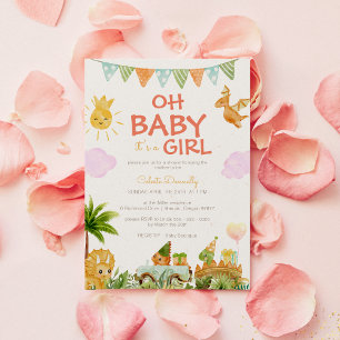 Modern Dinosaur White Oh Baby Girl Shower Invitation