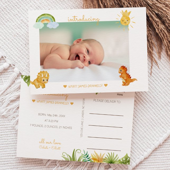 Modern Dinosaur White Photo Birth Announcement Postcard (Creator Uploaded)