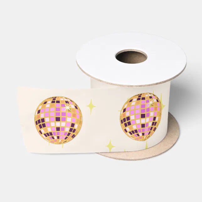 Modern Disco Ball Beige Satin Ribbon | Zazzle