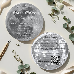 Modern Disco Ball QR Code Full Moon Wedding Invitation