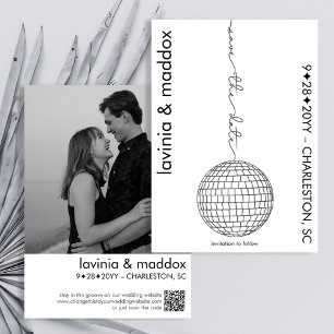 Modern Disco Black and White Photo QR Code Wedding Save The Date