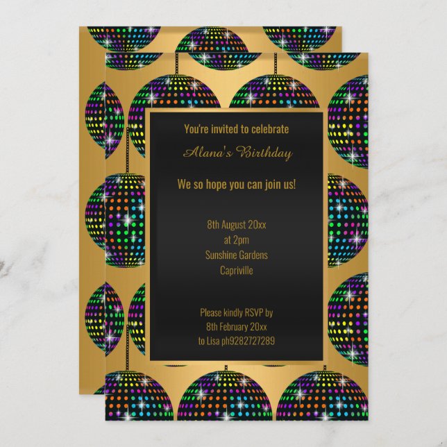 MODERN DISCO THEME GOLD ALL OCCASION INVITATION (Front/Back)