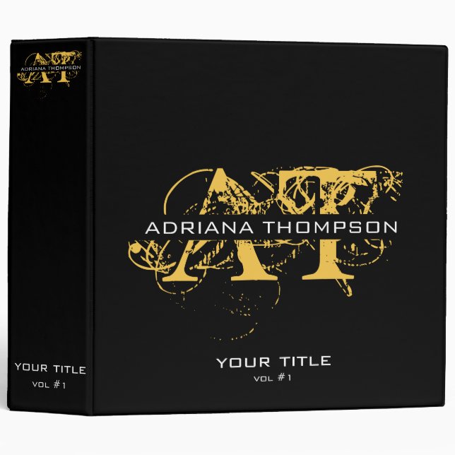 Modern Distressed Black & Gold Monogrammed 3 Ring Binder (Front/Spine)