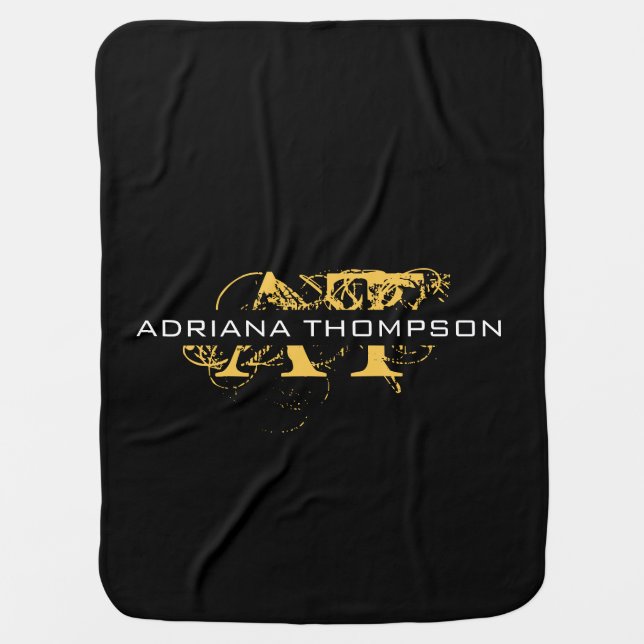 Modern Distressed Black & Gold Monogrammed Baby Blanket (Front)