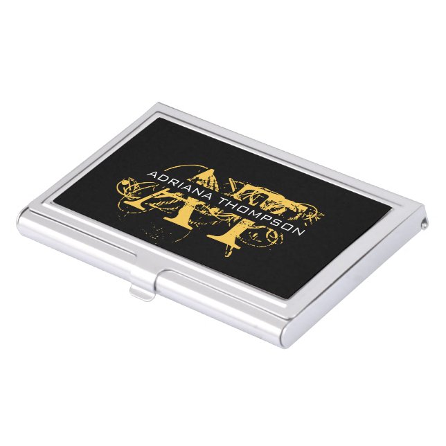 Modern Distressed Black & Gold Monogrammed Business Card Case (Front)