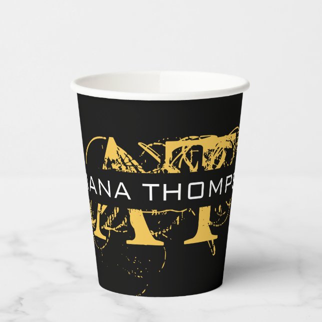 Modern Distressed Black & Gold Monogrammed Paper Cups (Left)
