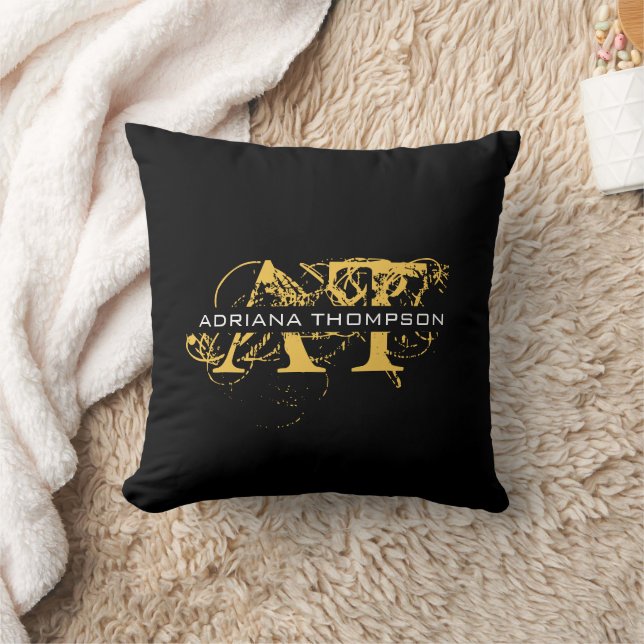 Modern Distressed Black & Gold Monogrammed Throw Pillow (Blanket)