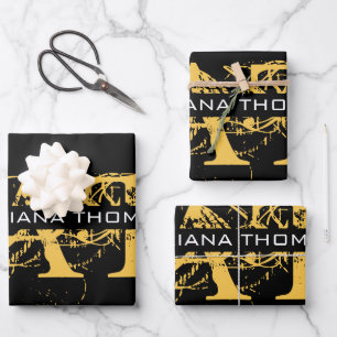 Modern Distressed Black & Gold Monogrammed Wrapping Paper Sheets
