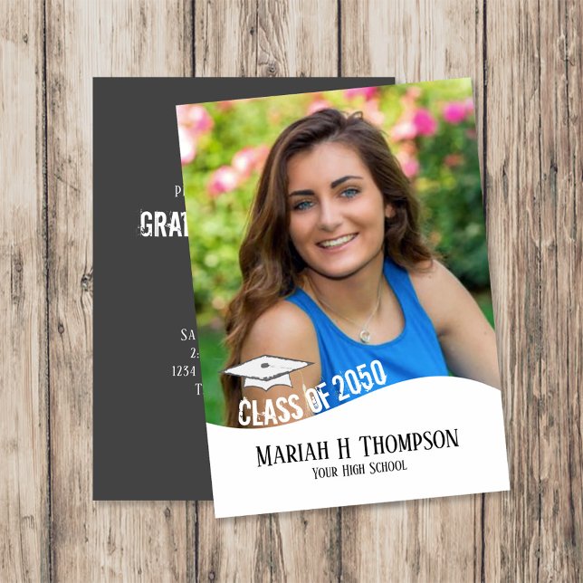 Modern Distressed Graduation Photo Party Class of  Invitation (Modern graduation photo design with Class of 2050 typography and mortarboard cap icon.)
