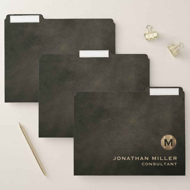 Modern Distressed Leather Brushed Gold Monogram File Folder (Set)