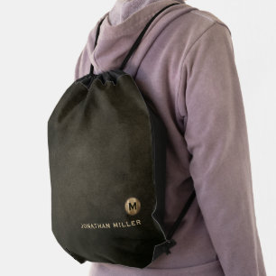 Modern Distressed Leather Gold Monogram Name Drawstring Bag