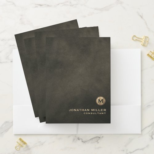 Modern Distressed Leather Gold Monogram Pocket Folder