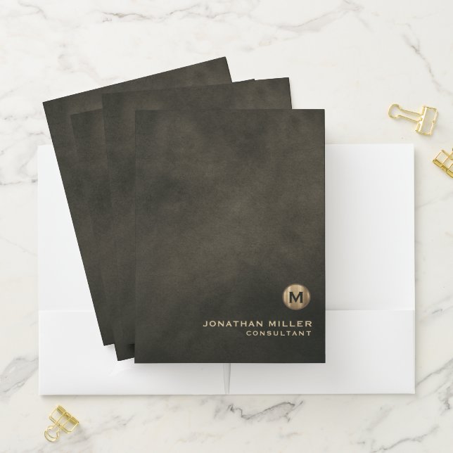Modern Distressed Leather Gold Monogram Pocket Folder (In Situ)