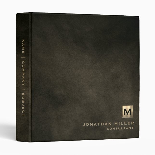 Modern Distressed Leather Luxury Gold Monogram 3 Ring Binder (Front/Spine)