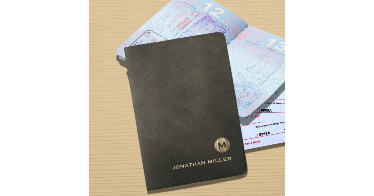 Modern Distressed Leather Luxury Gold Monogram Passport Holder