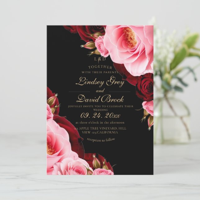 Modern Divine Elegant Rose Blushing Red Wedding Invitation (Standing Front)