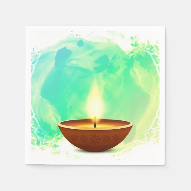 Modern Diwali Diya Green Watercolor Napkins (Front)