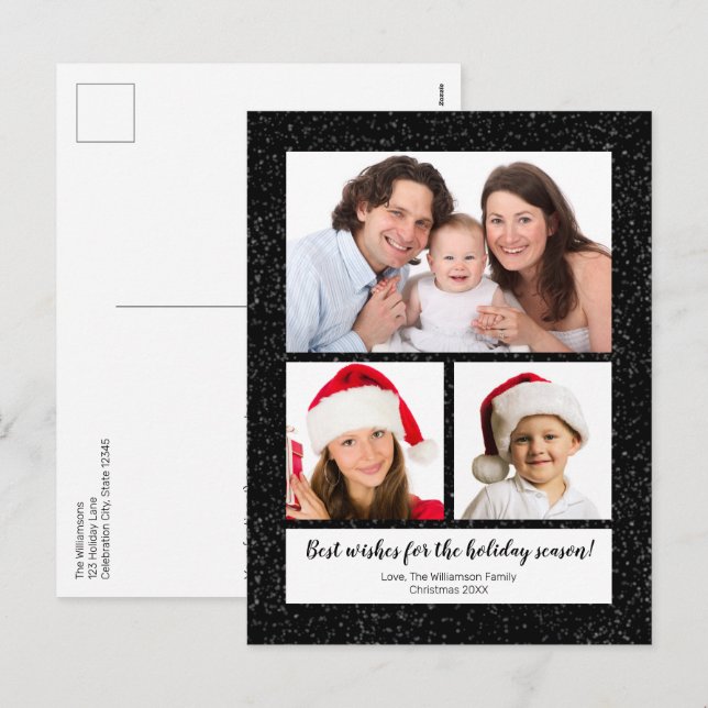 Modern DIY 3 Photo Name Year Script Snowy Black Holiday Postcard (Front/Back)