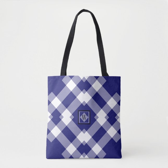 Modern Dk Blue White Purple Checked Shoulder Tote Bag (Front)