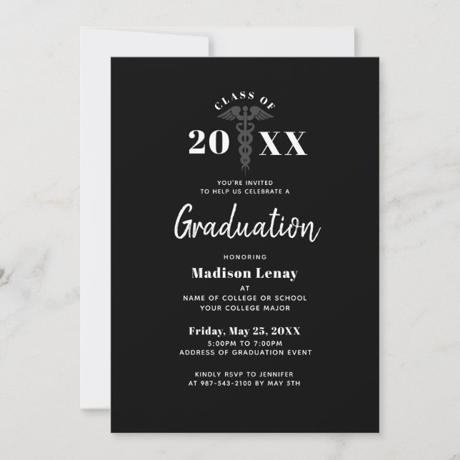 Modern Doctor Graduation Black And White Medical Invitation (Front)