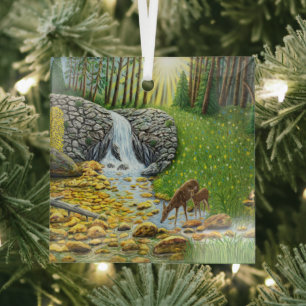 Modern Doe and Fawn Glass Ornament
