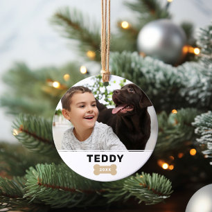 Modern Dog Bone Christmas Puppy Photo and Name Ornament
