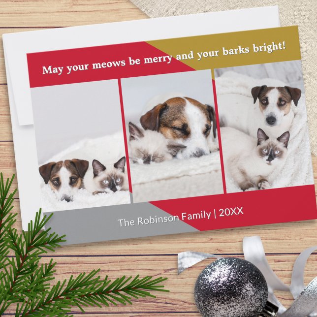 Modern Dog Cat Photo Pet Humor Christmas Holiday Card (A pet themed Christmas card with 3 custom photos, cute caption and custom name and year)