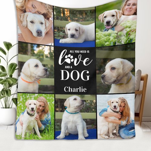 Modern Dog Lover Pet Personalized 8 Photo Collage Fleece Blanket