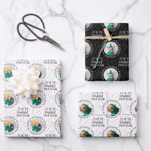 Modern Dog Lover Three Photo Christmas Holiday Wrapping Paper Sheets (Front)