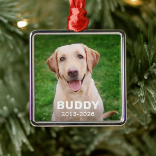 Modern Dog Memorial Photo Name and Dates Metal Ornament