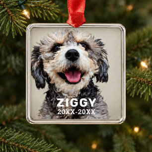 Modern Dog Memorial Photo Name and Dates Metal Ornament
