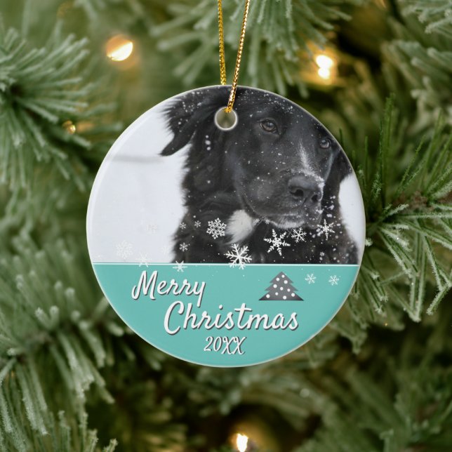 Modern Dog or Pet Photo Merry Christmas Ceramic Ornament (Tree)
